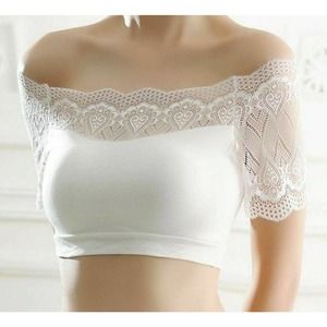 White Soft Bralette with Lace Trim and Sleeves Strapless Off The Shoulder Top OS
